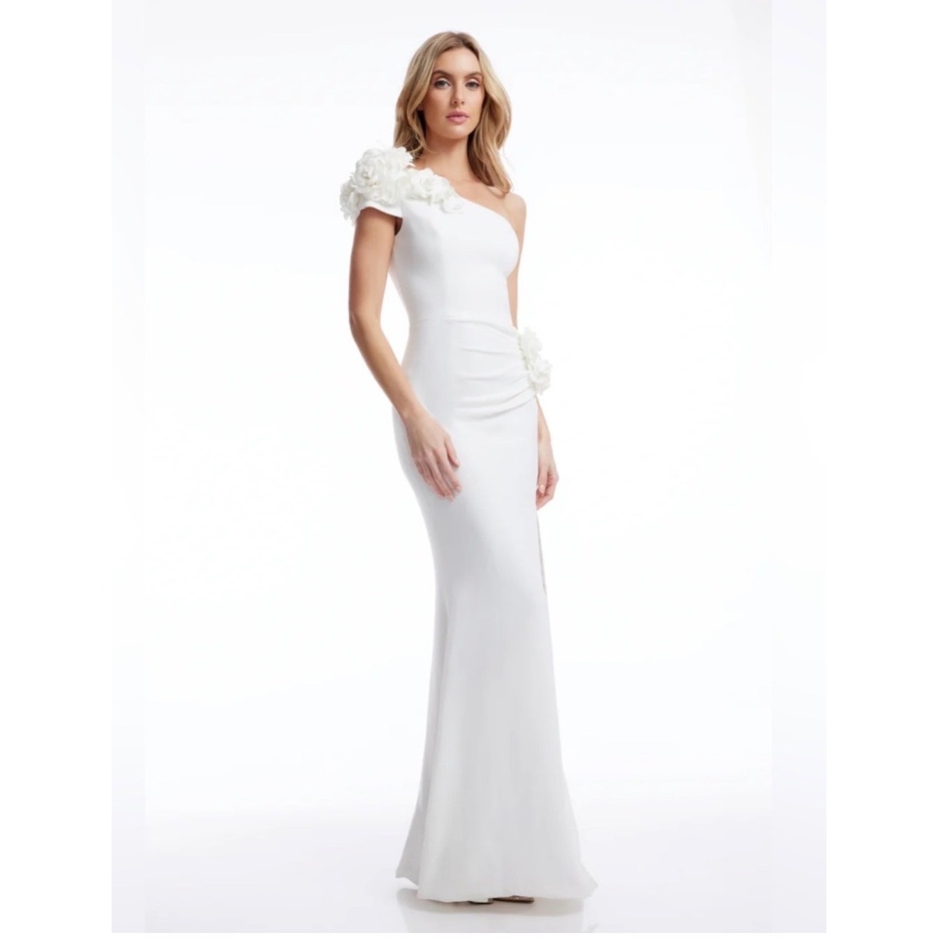 Dress The Population Aubrielle Asymmetric 3d Floral Mermaid Gown Off White Xs